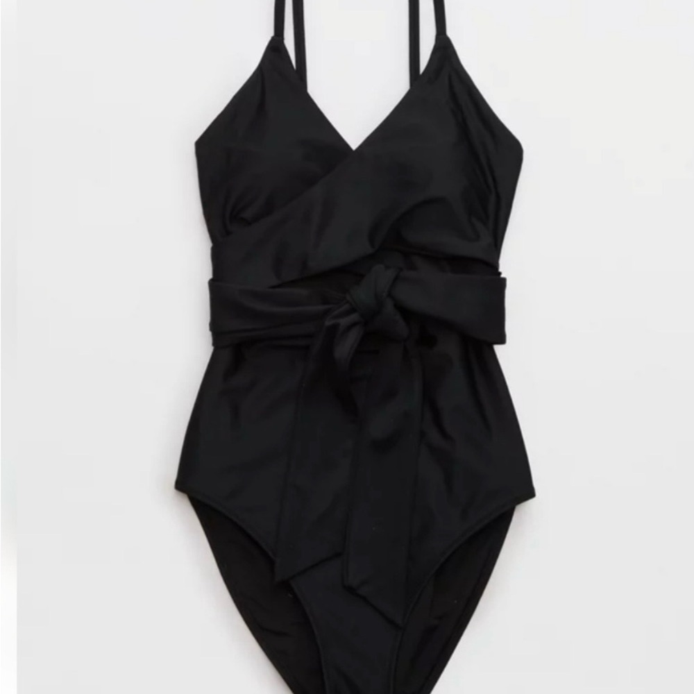 aerie Black One-Piece Swimsuit with Waist Tie